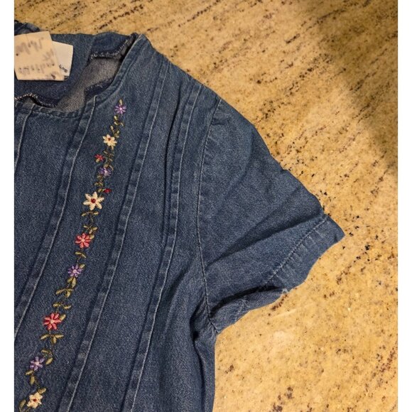 Vtg. Bobbie Brooks Dress Cottage Maxi Sz M Embroidered Floral Denim Modest Tie - Picture 9 of 16